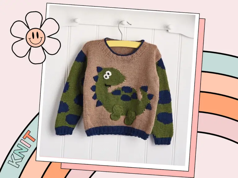 stomp like a dino dinosaur sweater for kids knitting pattern by jane burns. image show the front of a childs sweater with a friendly dinosaur motif