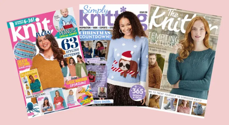 image shows three knitting magazine covers which Jane Burns knitting patterns are featured, shows Knit Now, Simply Knitting and the knitter magazine