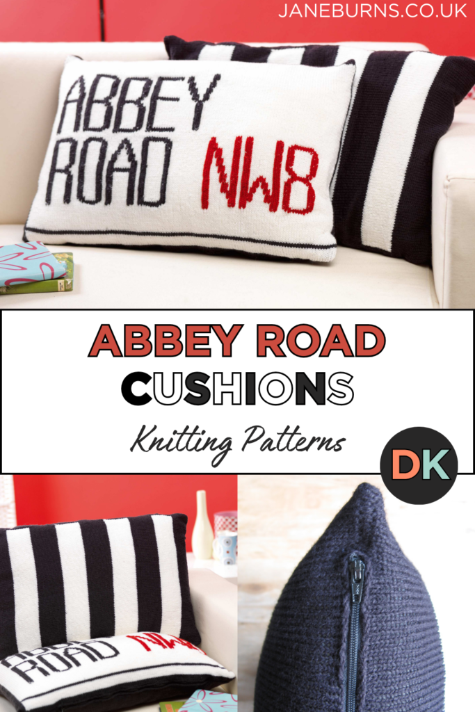 Free Beatles Abbey Road Cushion Knitting Pattern Two knitted cushion covers on a white sofa — Abbey Road NW8 street sign cushion in black, white and red, alongside a black and white striped zebra crossing cushion, knitting pattern by Jane Burns