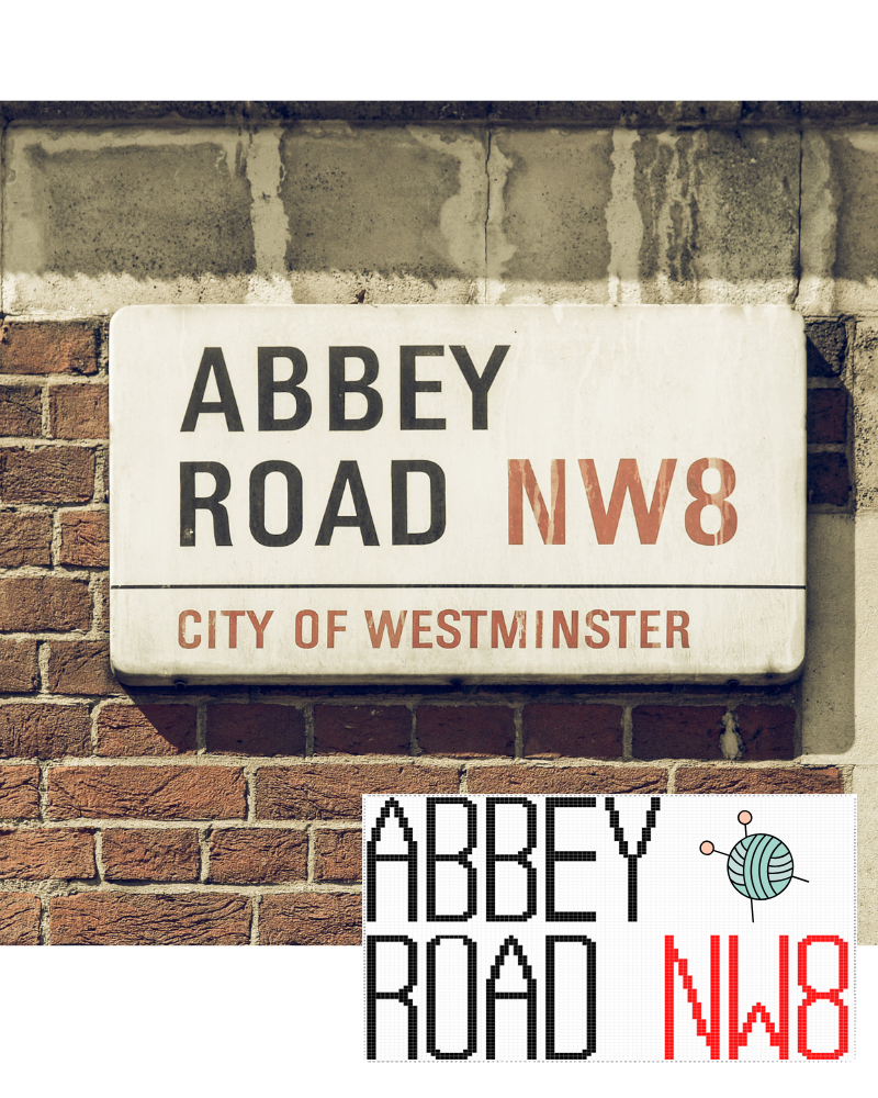 Abbey Road Street sign with knitting chart embeded to promote jane burns abbey road and zebra crossing cushions knitting patterns